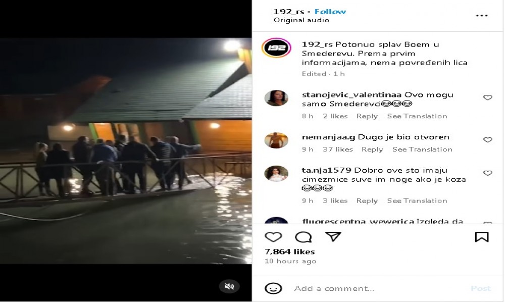 Splav u Smederevu delimično potonuo, gosti uspeli da se evakuišu